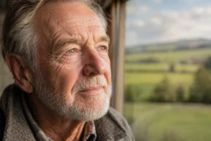 Elderly man with clear, healthy eyes looking out a window toward Yorkshire countryside after cataract surgery
