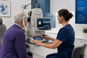 Ophthalmologist measuring intraocular eye pressure with a tonometer to screen for glaucoma at a Yorkshire eye clinic