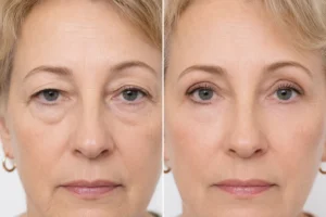 Before and after upper eyelid blepharoplasty results showing lifted, rejuvenated eyelids performed by Yorkshire ophthalmologist