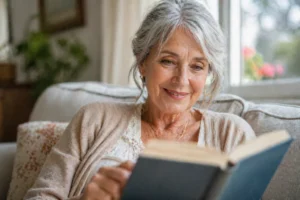 Older woman reading a book without glasses in a bright living room following successful cataract surgery