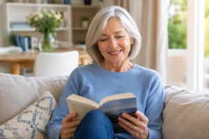 Older woman reading clearly without glasses after successful cataract surgery and premium IOL implantation in Yorkshire