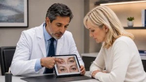 Oculoplastic surgeon consulting with a patient about eyelid surgery options in a professional Yorkshire clinic setting