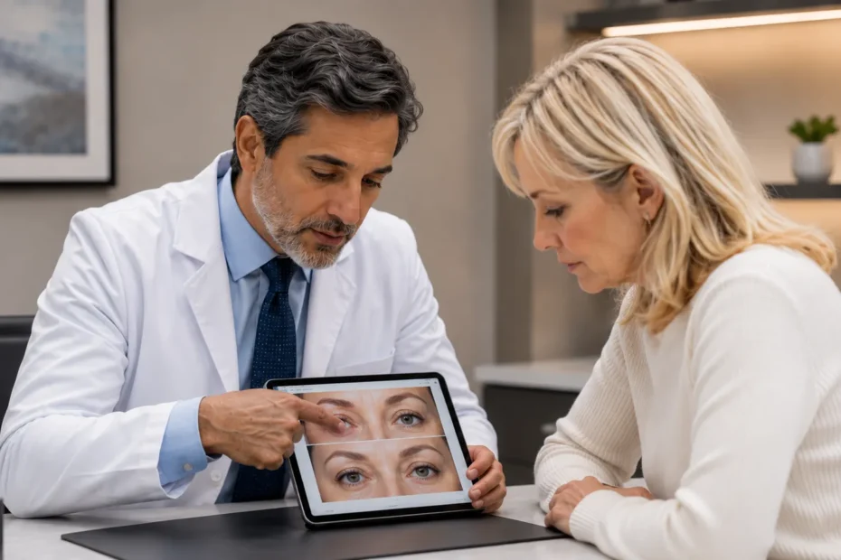 Oculoplastic surgeon consulting with a patient about eyelid surgery options in a professional Yorkshire clinic setting