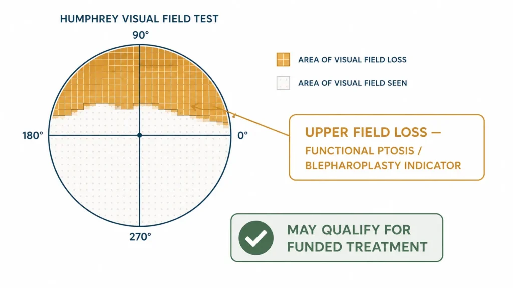 Visual field test illustration showing upper field loss caused by a drooping eyelid indicating functional eyelid surgery eligibility