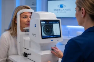 Patient undergoing advanced biometry eye measurements before cataract surgery at The Eye Dr Clinic, Elland Halifax, West Yorkshire