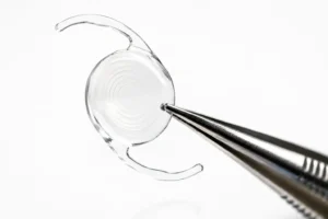 Premium intraocular lens (IOL) held in surgical forceps before implantation during cataract surgery at Yorkshire eye clinic