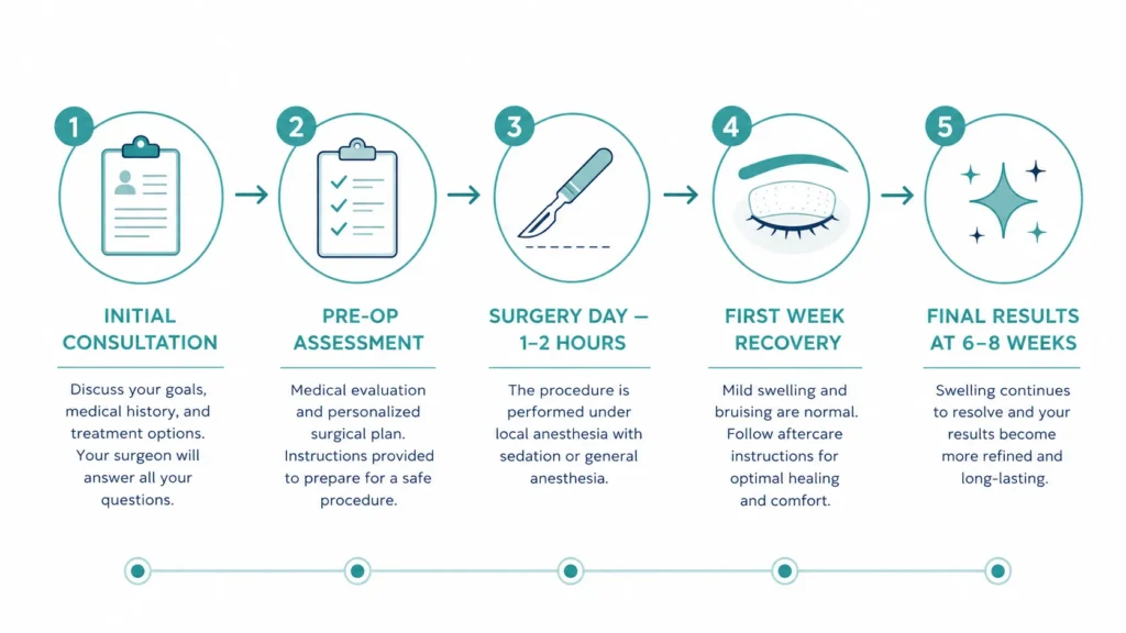 Blepharoplasty surgery patient journey timeline from initial consultation through recovery to final results at The Eye Dr Clinic Yorkshire
