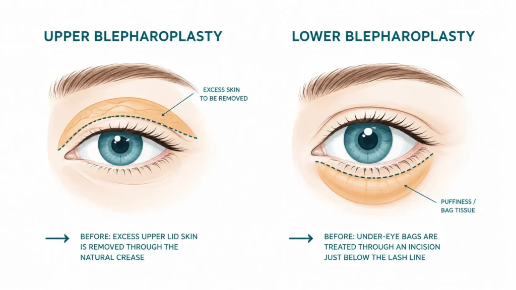 Clinical diagram comparing upper blepharoplasty for excess eyelid skin versus lower blepharoplasty for under-eye bags