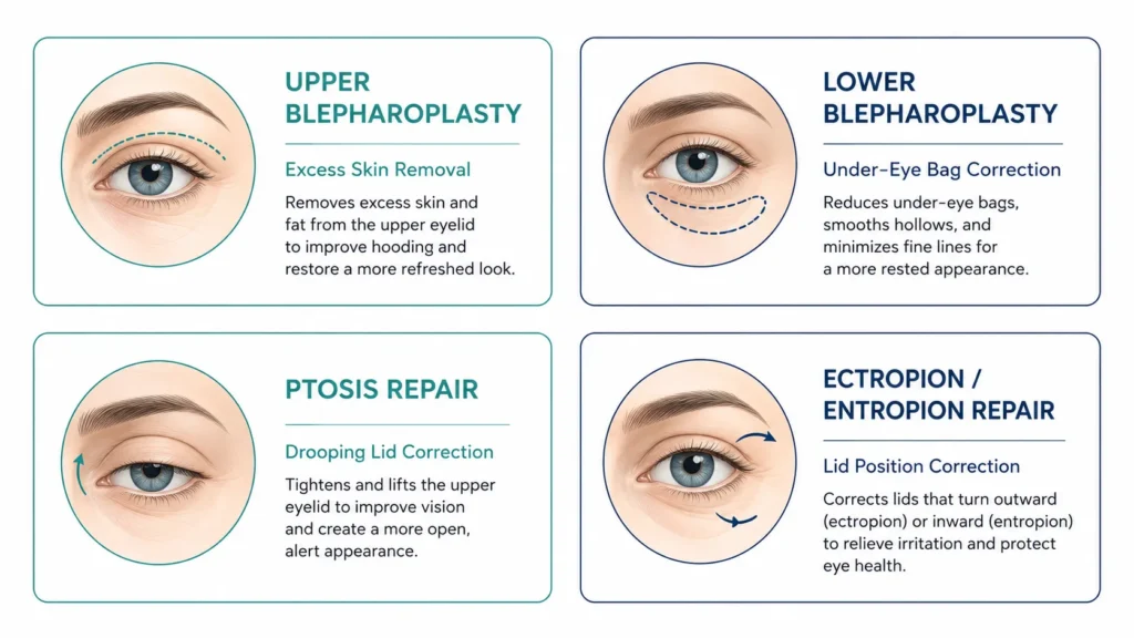 Four types of eyelid surgery illustrated as procedure cards including blepharoplasty, ptosis repair, and ectropion correction available in Yorkshire