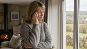 Person experiencing blurred vision squinting by a window representing the need for blurred vision assessment in Yorkshire