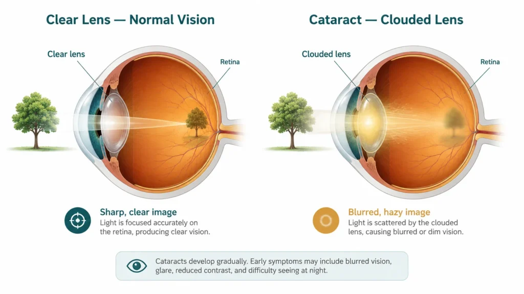 Clinical diagram comparing a clear healthy lens with normal vision versus a clouded cataract lens causing blurred vision