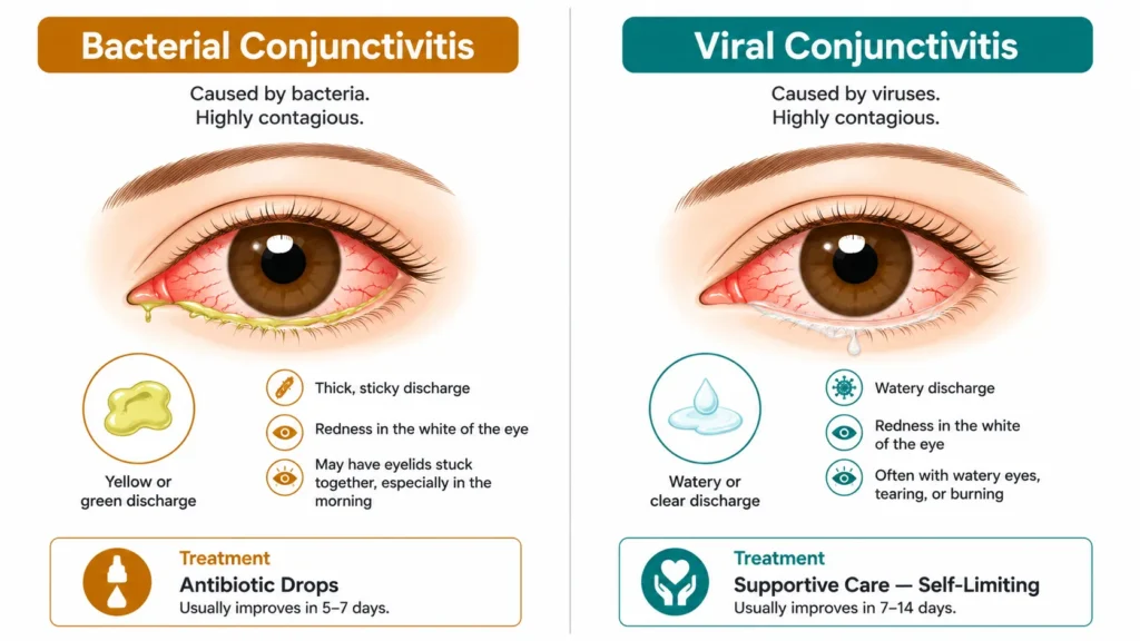 Comparison illustration of bacterial conjunctivitis treated with antibiotic drops versus viral conjunctivitis managed with supportive care