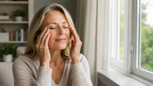 Woman relieving dry eye discomfort at home representing dry eyes treatment options available in Yorkshire