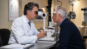 Ophthalmology consultant examining a patient's eyes with a slit lamp at a private eye clinic in Yorkshire