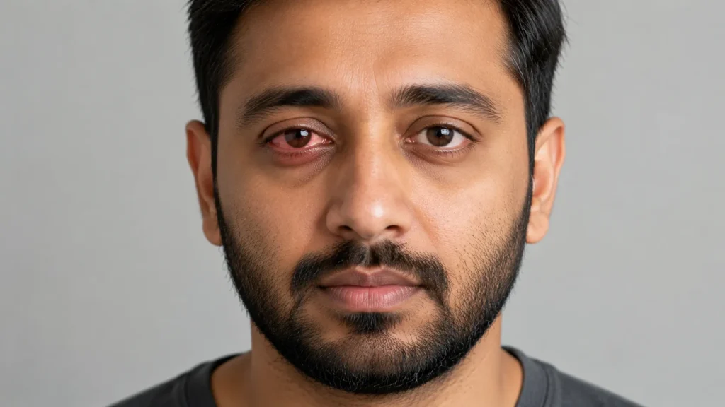 Close portrait of a person with a red watery eye from conjunctivitis representing common eye infections treated in Yorkshire