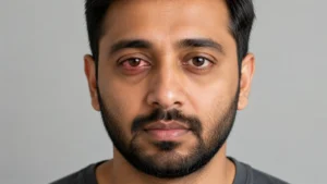 Close portrait of a person with a red watery eye from conjunctivitis representing common eye infections treated in Yorkshire