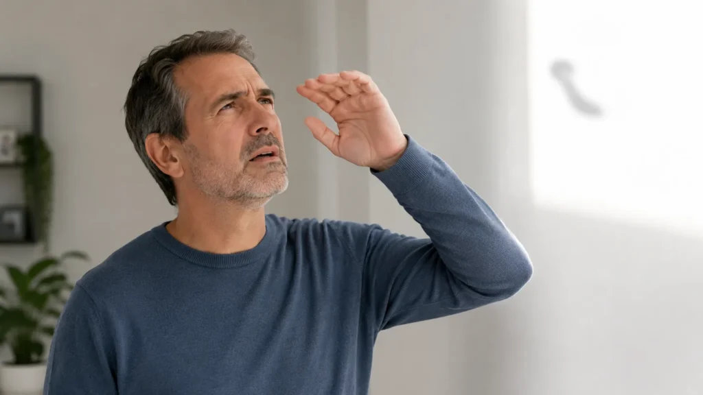 Person noticing visual floaters or flashes in their field of vision with a concerned expression representing floater and flash eye symptoms