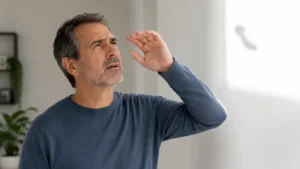 Person noticing visual floaters or flashes in their field of vision with a concerned expression representing floater and flash eye symptoms
