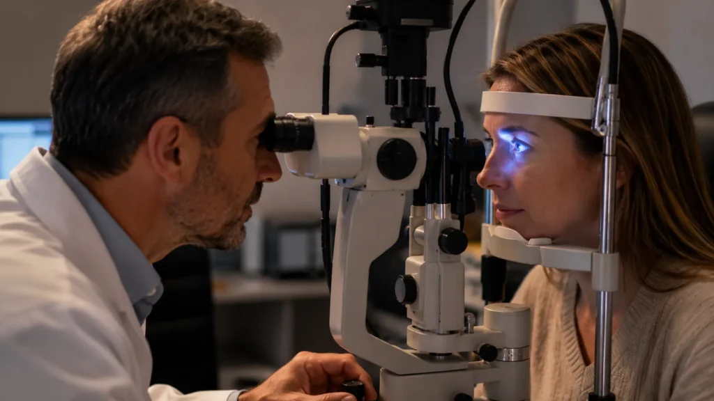 Ophthalmologist examining a patient's eye with a slit lamp during a blurred vision diagnostic assessment at a Yorkshire clinic