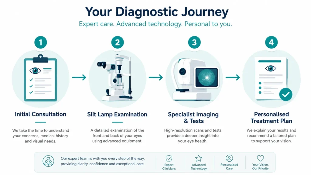 Four-step eye condition diagnostic journey at The Eye Dr Clinic from initial consultation to personalised treatment plan