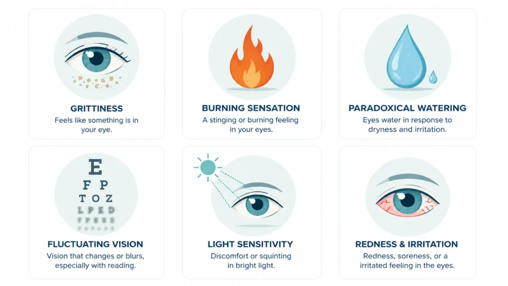 Dry eye symptom illustration showing six common signs including grittiness, burning, watery eyes, blurred vision, light sensitivity, and redness