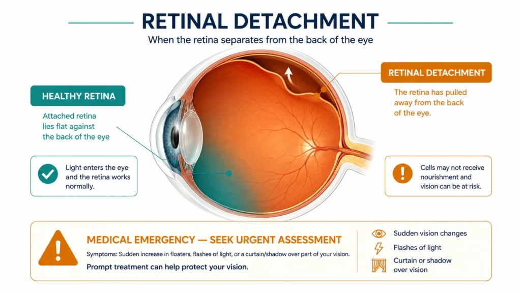 Cross-section eye diagram showing a retinal detachment with the retina peeling away from the eye wall and an urgent assessment warning badge