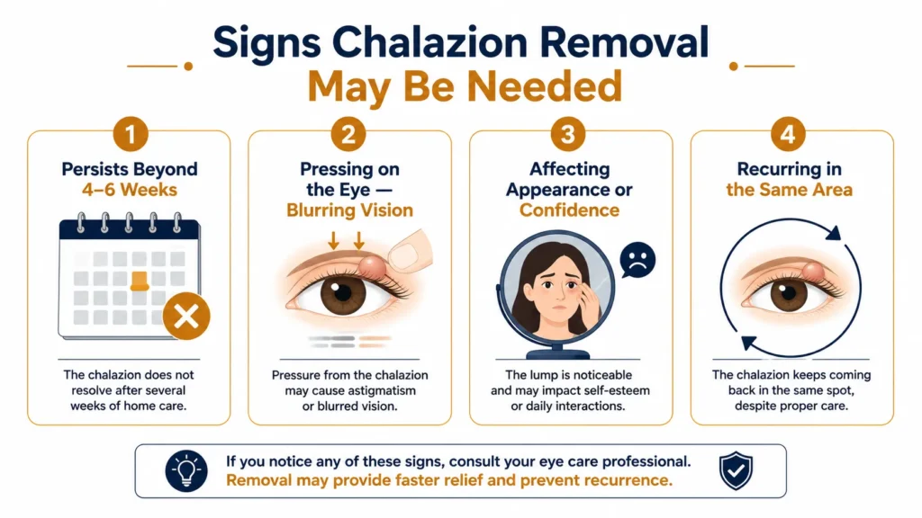 Four signs you may need eyelid cyst removal illustrated as cards including persistence beyond six weeks, vision effects, and recurrence