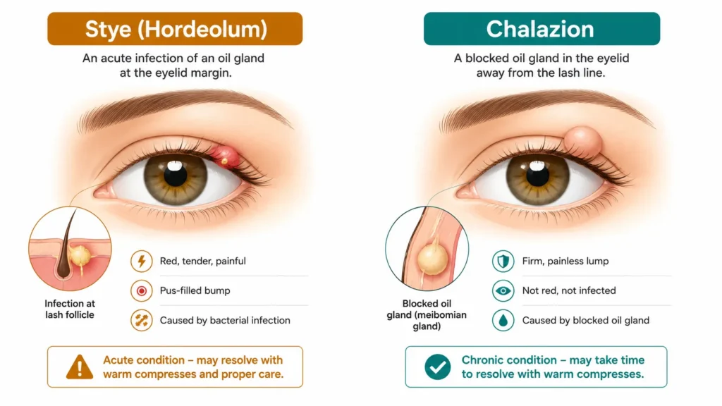 Clinical diagram comparing a stye at the eyelid margin with redness and infection versus a firm painless chalazion cyst further back on the lid