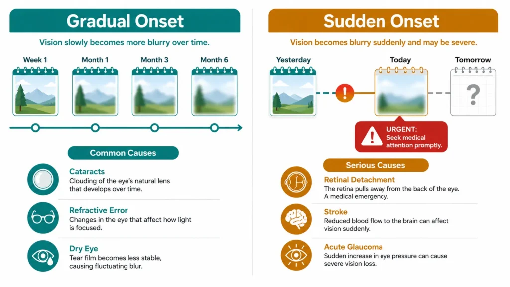 Illustration comparing gradual blurred vision from cataracts and refractive error versus sudden onset requiring urgent assessment