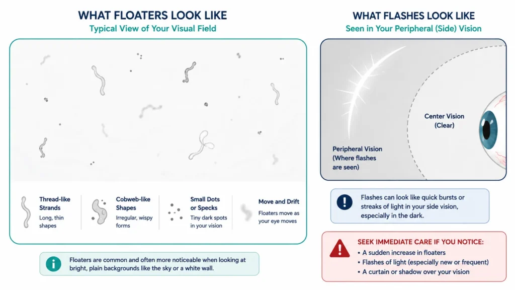 First-person visual field illustration showing how floaters appear as dark irregular shapes and threads with a peripheral flash arc