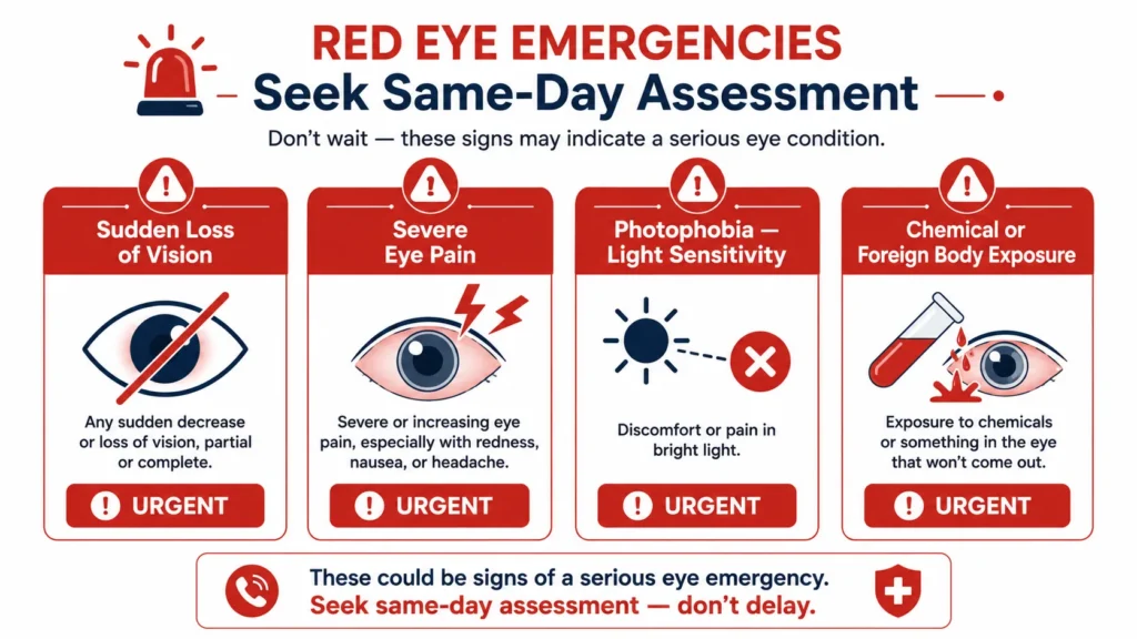 Four urgent red eye warning signs requiring same-day assessment including vision loss, severe pain, light sensitivity, and chemical exposure