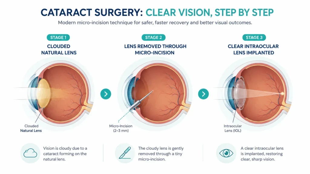Three-stage cataract surgery illustration showing clouded lens removal and clear intraocular lens implantation