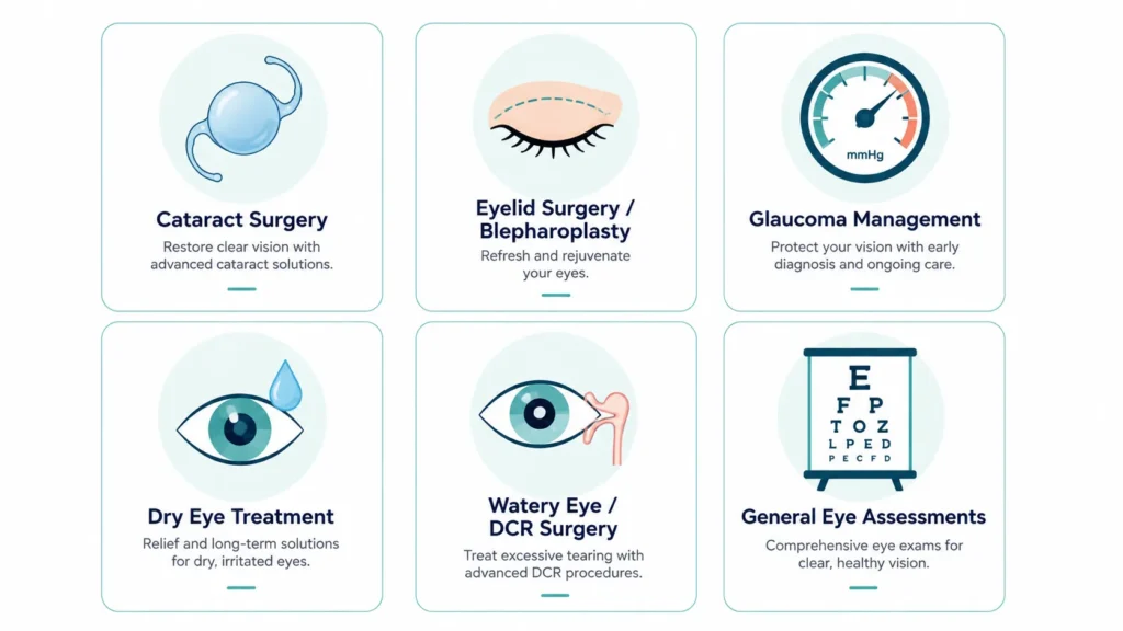 Six eye care services available to Bradford patients illustrated including cataract surgery, eyelid surgery, glaucoma management, and dry eye treatment