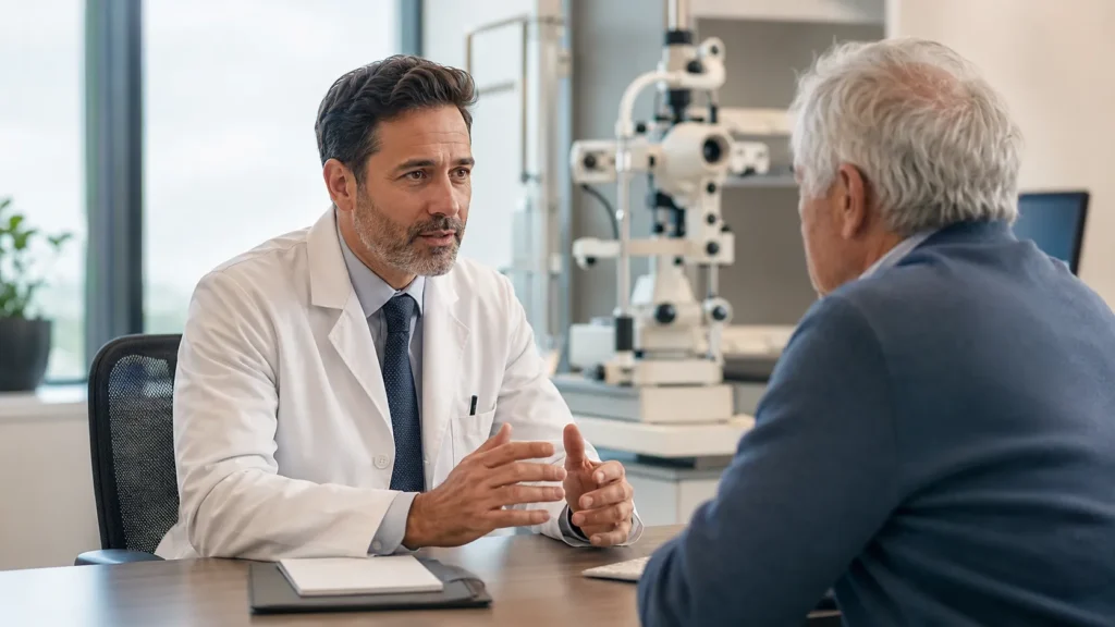 Consultant ophthalmologist in consultation with a patient at a private eye clinic serving Bradford