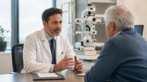 Consultant ophthalmologist in consultation with a patient at a private eye clinic serving Bradford