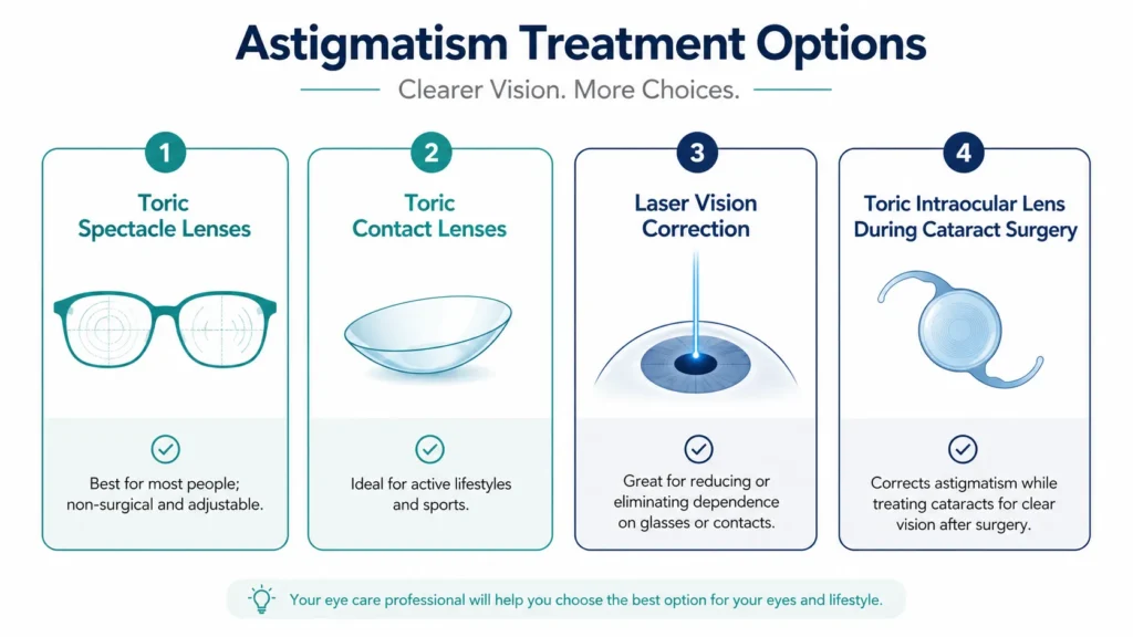 Four astigmatism treatment options illustrated as cards including toric glasses, contact lenses, laser correction, and toric intraocular lenses