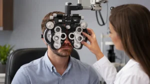 Patient undergoing a refraction test with a phoropter during an astigmatism assessment at a Yorkshire eye clinic