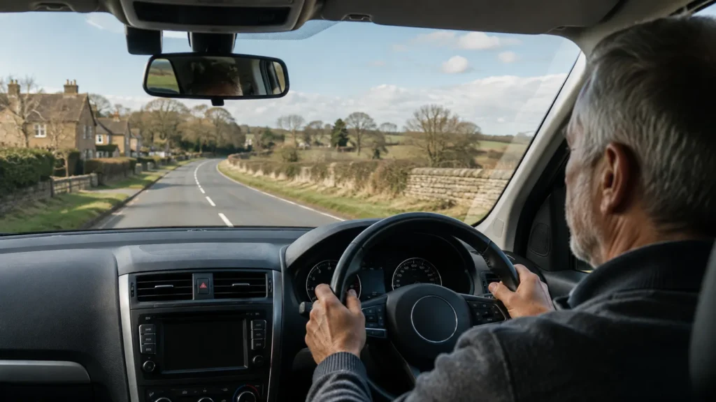 Driver looking ahead through the windscreen on a UK road representing legal driving eyesight standards