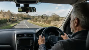 Driver looking ahead through the windscreen on a UK road representing legal driving eyesight standards
