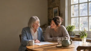 Mature woman discussing a second opinion for cataract surgery with her daughter at home in Yorkshire