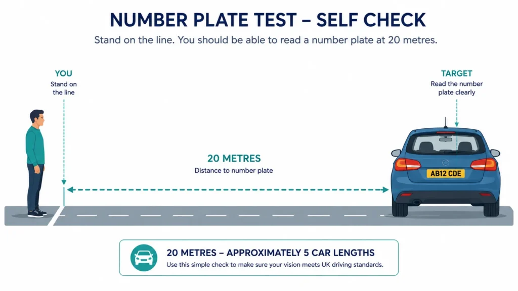 Illustration of the UK number plate eyesight test showing a driver reading a plate from 20 metres away