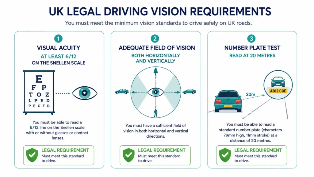 Three UK legal driving eyesight requirements illustrated including visual acuity, field of vision, and the number plate test