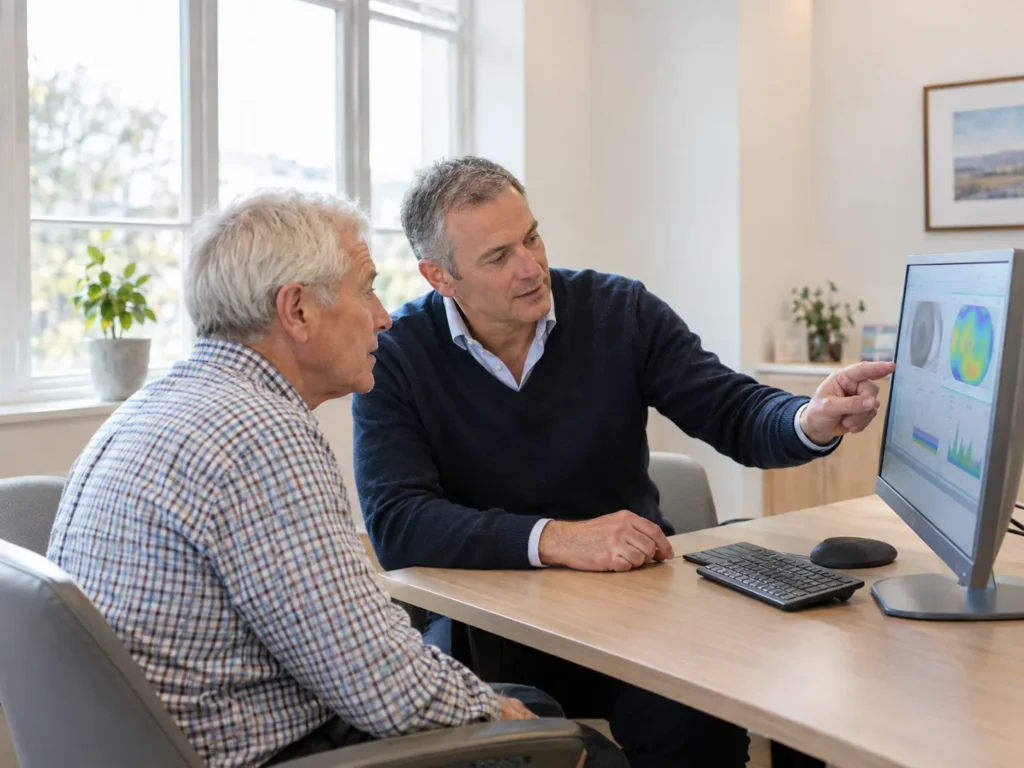 Consultant ophthalmologist reviewing biometry results with a patient during a cataract consultation