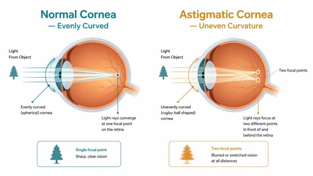 Clinical diagram comparing a normally curved cornea focusing light to one point versus an astigmatic cornea creating two focal points
