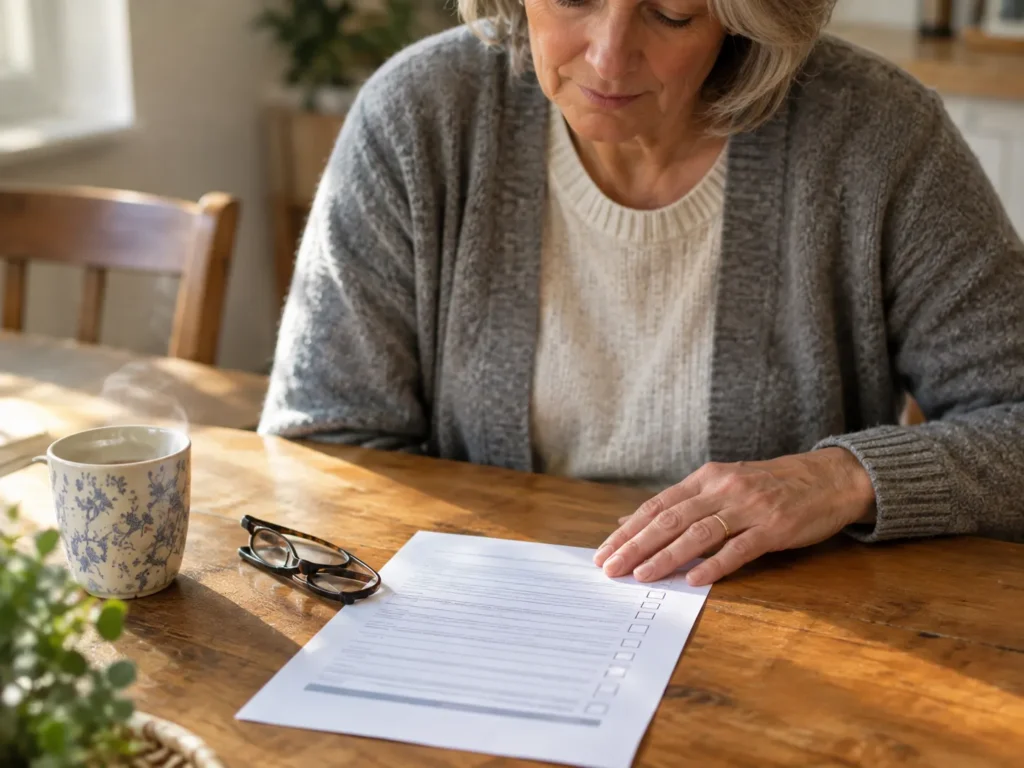 Printed eye health checklist on a kitchen table beside reading glasses and a cup of tea