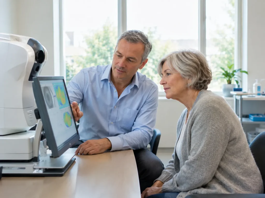 Ophthalmic consultant explaining biometry results to a patient from Wakefield before cataract surgery