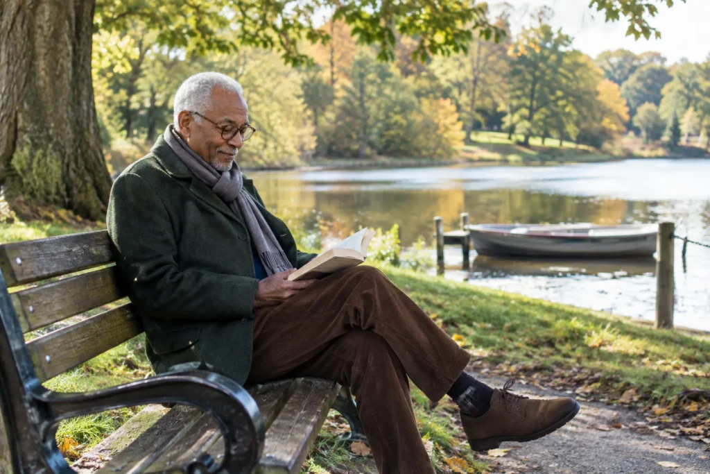 Man reading a paperback on a Lister Park bench in Bradford, considering a cataract surgeon in Halifax
