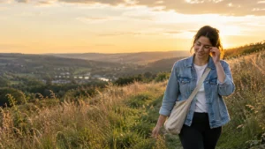 Young woman walking through a grassy Yorkshire field edge during grass pollen season
