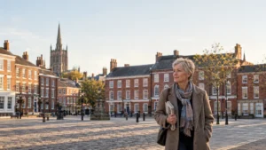 Wakefield resident walking through the city's Georgian St John's Square near the cathedral