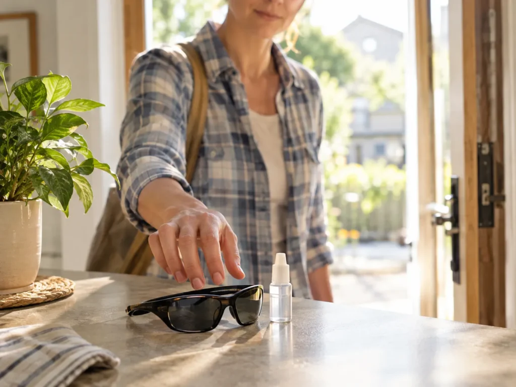 Antihistamine eye drops and sunglasses on a kitchen counter for fast hay fever relief